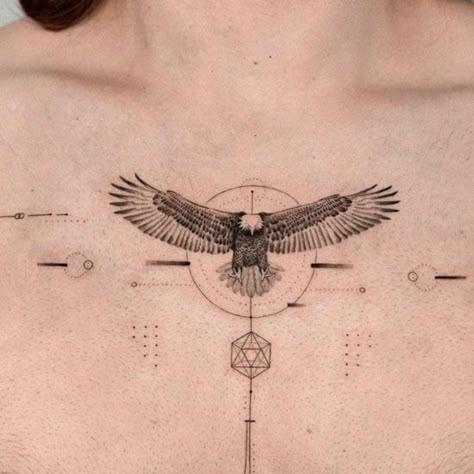 simple eagle with geometric elements tattoo Eagle Back Tattoo, Eagle Tattoo Designs, Eagle Wing Tattoos, Eagle Chest Tattoo, Small Eagle Tattoo, Traditional Eagle Tattoo, Freedom Tattoos, Wing Tattoo Designs, Elements Tattoo