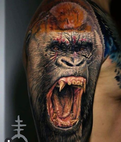 Silverback Gorilla Tattoo, Gorilla Tattoo Ideas, Silverback Tattoo, Tato 3d, Gorilla Face, Mangas Tattoo, Military Tattoo, Animal Sleeve Tattoo, Monster Tattoo