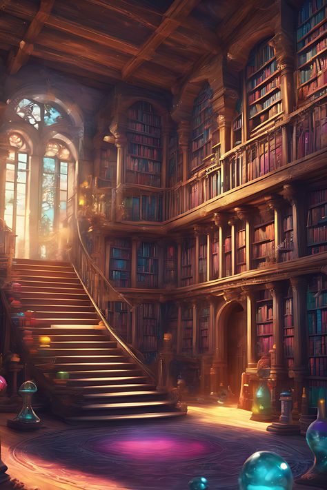 Fantasy library in the style of Harry Potter Magical Classroom Fantasy Art, Magical Library Fantasy Art Wallpaper, Magic Library Concept Art, Library Digital Art, Fantasy Library Exterior, Magic Library Art, Fantasy Wizard Aesthetic, Mythical Library, Fantasy Library Concept Art