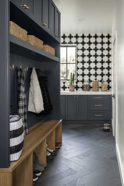 A Belgian farmhouse style update to this beautiful Colorado home Dark Tile Floors, Belgian Farmhouse, Laundry Room Tile, Cozy Window Seat, Herringbone Tile Floors, Mudroom Flooring, Slate Tile Floor, Mudroom Laundry, Laundry Room Flooring