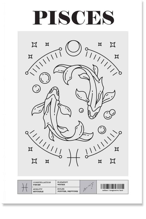 Pices Zodiac Illustration, Pisces Graphic Design, Zodiac Sign Prints, Pices Poster, Pisces Poster Aesthetic, Pisces Drawing Ideas, Pices Zodiac Drawing, Pisces Drawing Zodiac, Pisces Art Drawing