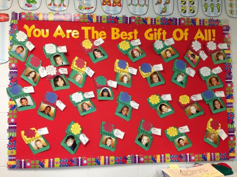 Bulletin Board Ideas December, Present Bulletin Board, Cambridge Christmas, Increase Self Esteem, Family Bulletin Boards, December Bulletin Boards, Cute Halloween Tattoos, Christmas Bulletin Boards, Winter Bulletin