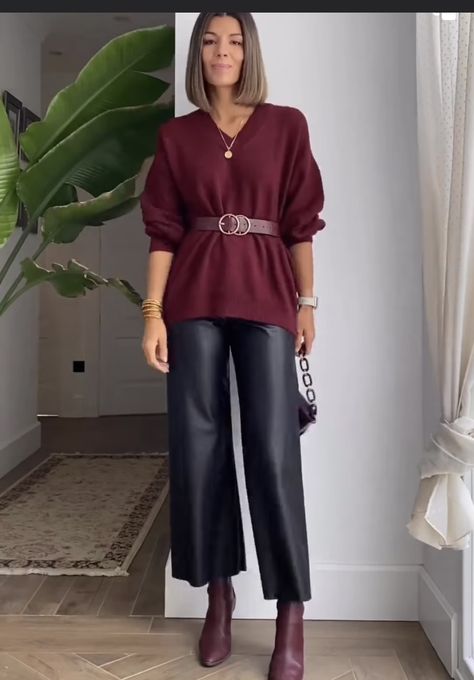 Casual Office Party Outfit Winter, Outfit Over 40 Women, Burgundy Leather Pants Outfit, Office Party Outfits, Office Goth, Winter Party Outfit, Nude Outfits, Burgundy Outfit, Leather Pants Outfit