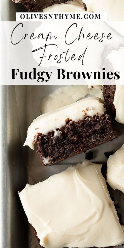 Espresso Cream Cheese Brownies, Recipes Using Cream Cheese Frosting, What To Put Cream Cheese Frosting On, Desert With Cream Cheese Frosting, Chocolate Cream Cheese Frosted Brownies, Best Brownies With Frosting, Iced Brownies Frosting Recipes, Homemade Desserts Easy Cream Cheeses, Brownie Cream Cheese Bars