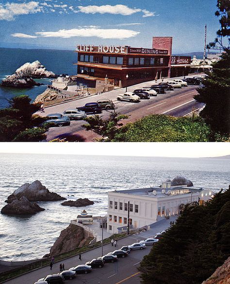 Cliff House Restaurant, San Francisco, California USA - Top 1941 Bottom 2009 Cliff House San Francisco, Sutro Baths, San Francisco Photos, Visit San Francisco, Cliff House, Greece Travel Guide, Strange History, The Cliff, Foxtrot