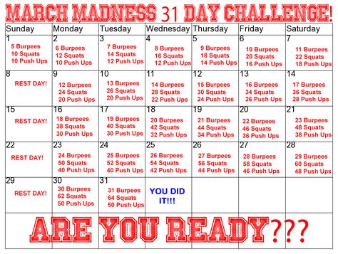 I'm going to try this one! March Madness Fitness Challenge, March Fitness Challenge, March Workout, Exercise Challenges, Month Workout Challenge, 31 Day Challenge, Challenges To Do, 90 Day Challenge, Month Workout