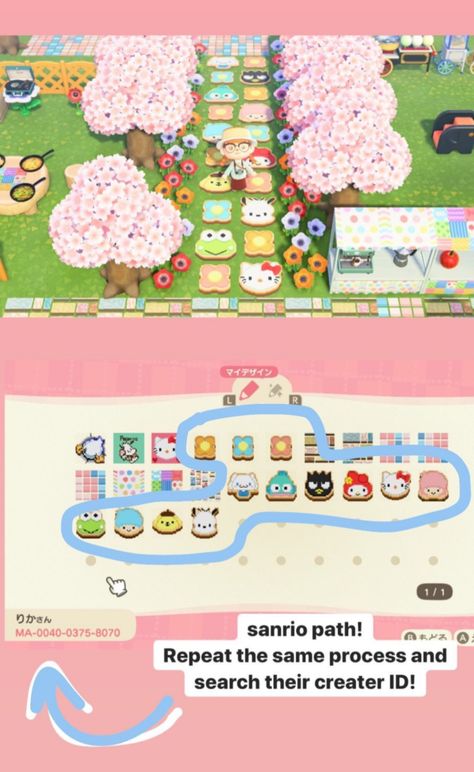 Acnh Sanrio Items, Animal Crossing Design Codes Hello Kitty, Sanrio Animal Crossing Design, Acnh Sanrio Path, Acnh Sanrio Design Codes, Animal Crossing Sanrio Island, Kidcore Animal Crossing Codes Clothes, Animal Crossing Design Codes Sanrio, Cute Acnh Designs