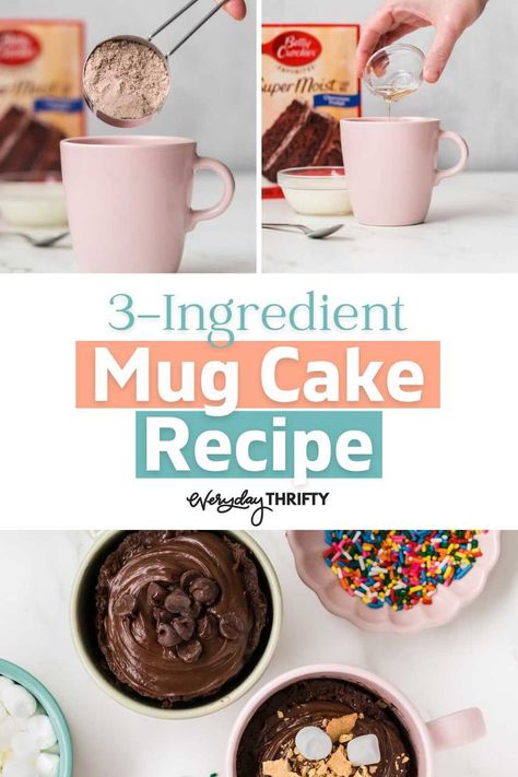 Looking for budget-friendly dessert recipes? You have to try out this 3-ingredient mug cake recipe that is so easy and affordable. Cake In A Mug Microwave, Mug Cake Cake Mix, Cake Mix Mug Cake, Microwave Cake Mix, Cake With No Eggs, Microwave Cupcake, Mug Dessert Recipes, 3 Ingredient Mug Cake, Microwave Mug Recipes