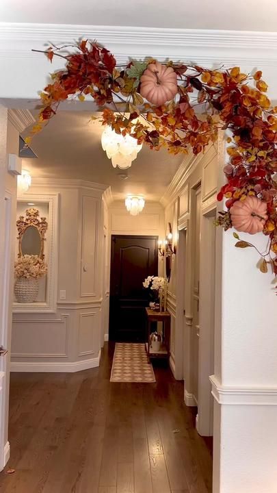 TikTok · Stephanie Padilla - Lifestyle Fall Store Displays, Christmas Table Decor Ideas, Archway Decor, Doorway Decor, Christmas Wedding Decorations, Fall Leaf Garland, Christmas Table Decor, Table Decor Ideas, Fall Garland