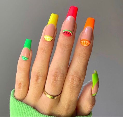 Vibe Nails, Fruit Nail Designs, Nail Design Glitter, Neon Nail Art, Fruit Nail Art, Orange Nail Designs, Unique Acrylic Nails, Neon Nails, Orange Nails