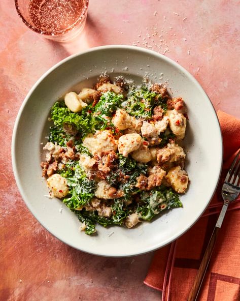 Creamy Gnocchi with Boursin, Sausage, and Kale | Kitchn Potato Board, Gnocchi With Sausage, Creamy Gnocchi, Sausage And Kale, Slow Cooker Broccoli, Sausage Parmesan, Rigatoni Recipes, Baked Rigatoni, Boursin Cheese