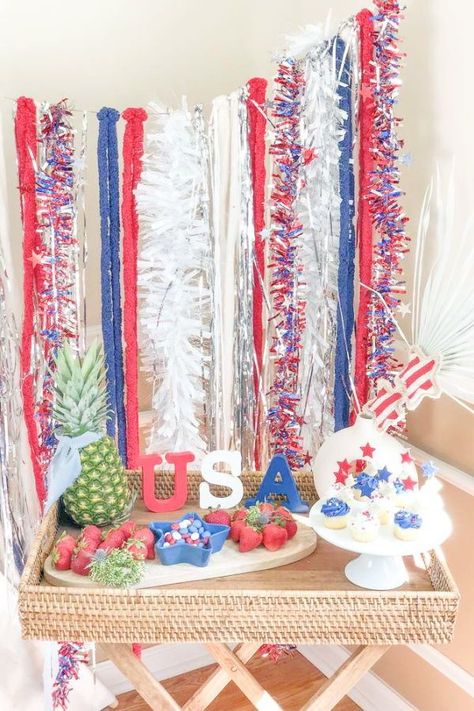 Don't miss this fantastic boho-inspired 4th of July picnic party! The backdrop is so cool!! See more party ideas and share yours at CatchMyParty.com Outdoor 4th Of July Party, 4th Of July Bbq Decorations, Land Of The Three Birthday Party, 4th Of July Pool Party, Bbq Decorations, 4th Of July Picnic, 4th Of July Party Ideas, Summer Party Planning, Three Birthday