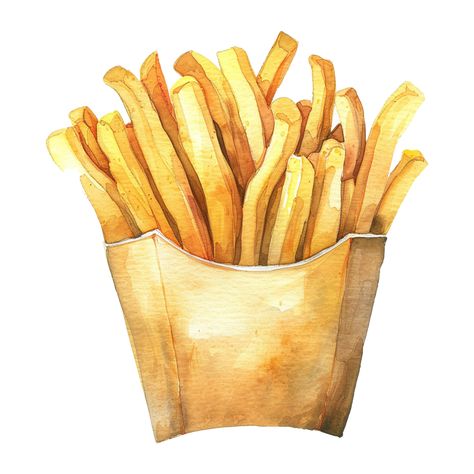 Watercolor French fries isolated on transparent background Chicken Watercolor, Hamburger And Fries, Food Mockup, Crispy Fried Chicken, Mouth Watering Food, Drawn Illustration, Food Drawing, Plant Food, Glass Dishes