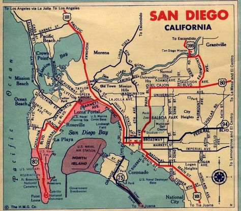 1940's map of SD. No 5, 805, or 8. Not much north of Mission Bay. It has grown a little TOO much for my liking. But I still love it! It's still, and always will be...home. San Diego Map, San Diego Attractions, San Diego City, Dnd World Map, Sanibel Island Florida, San Diego Travel, Mission Bay, California City, San Diego Beach