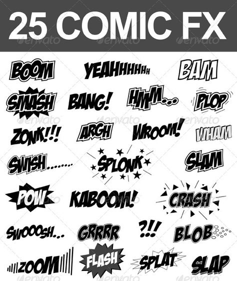 25 Comic Sound FX (Vector Set) — Vector EPS #smash #Zonk • Available here → https://graphicriver.net/item/25-comic-sound-fx-vector-set/2715324?ref=pxcr Comic Book Art Style Tutorial, Comic Sound Effects, Make A Comic Book, Draw Comic, Comic Template, Sketch Comic, Comic Script, Comic Book Template, Comic Design