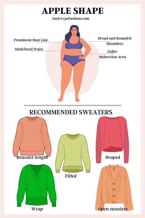 How to Choose Sweaters for the Apple Body Shape - Fashion for Your Body Type Sweaters For Apple Body Shape, Apple Body Fashion, Vneck Sweater Outfit, Unique Body Features, Apple Body Shape Clothes, Apple Body Shape Fashion, Apple Body Shape Outfits, Apple Body Shape, Apple Shape Fashion