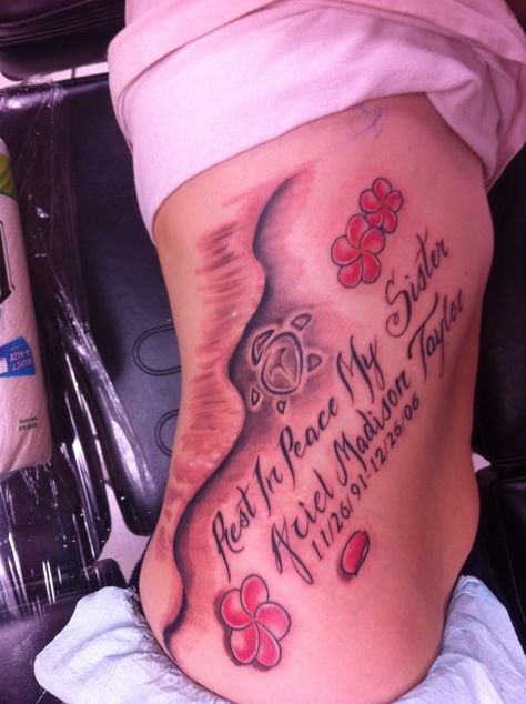 My daughter's memorial for her older sister. Rip Tattoos For Sister, Older Sister Tattoos, Sister Memorial Tattoos Ideas, Rip Sister Tattoos, Memorial Tattoos For Sister, Sister Memorial Tattoos, Sister Tat, Rip Tattoo, Fire Tattoo