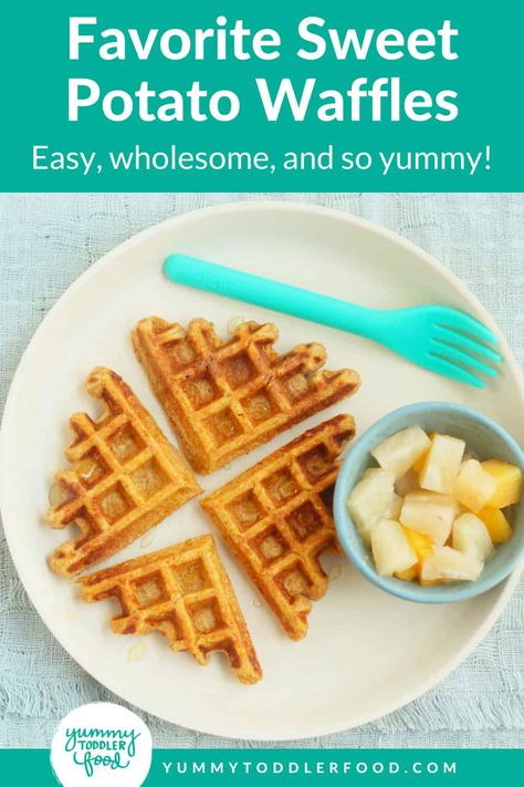 Hidden Veggie Waffles, Sweet Potato Waffles For Baby, Veggie Waffles Kids, Veggies For Breakfast, Potato Waffle Recipe, Sweet Potato Baby Food, Blw Recipes, Easy Sweet Potato, Baby Meals