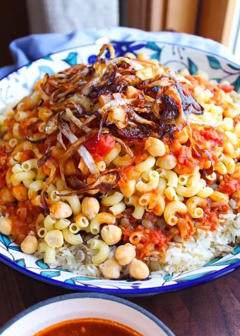 Koshari – Egyptian Pasta, Lentil, and Rice Dish – Maral in the Kitchen Koshary Egyptian Food, Eygptain Food, Egyptian Rice Recipes, Koshari Recipe Egyptian Food, Koshary Egyptian, Loobia Polo, Egyptian Koshari, Egyptian Food Recipes, Egyptian Koshari Recipe