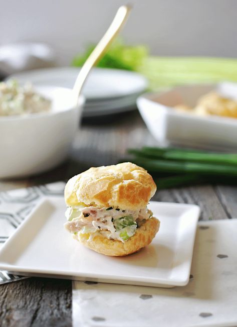 Chicken Salad Sandwiches. Chicken Salad of chicken, green onion, celery & all things yummy; served with delicious homemade light & fluffy cream puffs. Savory Cream Puffs Appetizers, Savory Cream Puffs, Chicken Salad Appetizer, Puff Recipes, Puff Pastry Chicken, Chicken Salad Sandwiches, Caribbean Foods, Chicken Salad Sandwich Recipe, Appetizer Party