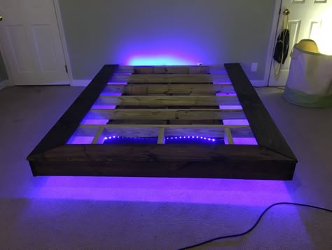 Full Bed: Bottom base: 2x10s  Top frame: 2x4s Tied together with left over 2x8s Top board: 1x8 Side boards: 1x6 Stain: Dark walnut Cool Homemade Bed Frames, Mens Floating Bed, Floating Bed Frame With Led Lights, Cool Bedrooms For Men, Floating Bed Twin Size, Full Size Floating Bed Frame Diy, Floating Bed Frame Diy, Floating Bed Ideas, Floating Bed Frame Plans