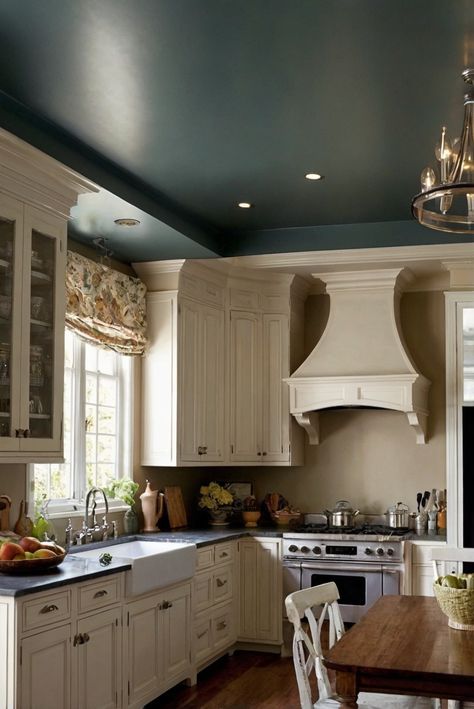 kitchen ceiling color ideas, kitchen ceiling paint colors, kitchen ceiling design, kitchen ceiling decor Dark Kitchen Ceiling Ideas, Black Ceiling Kitchen Ideas, Painted Kitchen Ceiling Ideas, Kitchen Ceiling Color Ideas, Painted Kitchen Ceiling, Kitchen Soffit, Monochrome Kitchen, Ceiling Color, Light Oak Floors