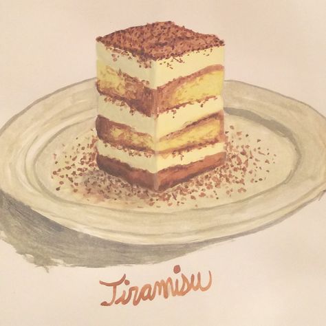 Tiramisu in watercolor Tiramisu Painting, Tiramisu Illustration Art, Tempting Food Drawing, Tiramisu Cake Drawing, Tiramisu Illustration, Tiramisu Drawing, Tiramisu Cups, Chocolate Tiramisu, Dessert Book