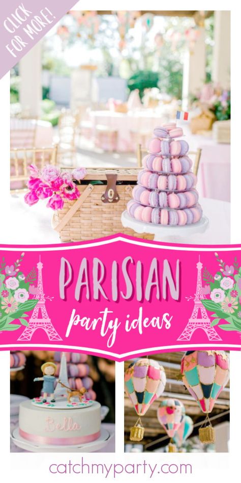 Take a look at this wonderful Parisian birthday party! The hot air balloon decorations are so impressive! See more parties ideas and share yours at CatchMyParty.com#catchmyparty #partyideas #france #parisianparty #paris #girlbirthdayparty Parisian Cafe Birthday Party, Paris Tea Party Birthday, Paris Theme First Birthday Party, Macaroon Birthday Party Theme, Oui Oui Three Birthday, Bonjour To 4 Birthday, La Vie En Rose Party, French Bakery Party, Paris First Birthday Party