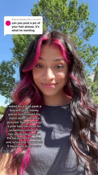 Hair Inspo Color Peekaboo, How To Style Peekaboo Hair, Peak A Boo Pink Hair Color, Peel A Boo Hair Color, Brown Hair With Pink Money Piece, Black Hair With Pink Tips, Pink Hair Peekaboo, Pink Peek A Boo Hair, Peek A Boo Pink Hair