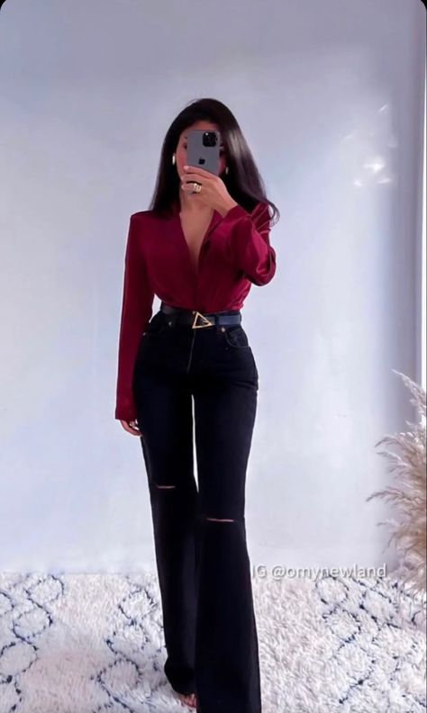 Red Satin Shirt Outfit Classy, Red And Black Outfits For Women Classy Business Casual, Red Dress Shirt Outfit, Red Satin Blouse Outfit, Red Silk Shirt Outfit, Black Blouse Outfit Casual, Satin Shirt Outfits, Red Satin Top Outfit, Red Satin Shirt Outfit