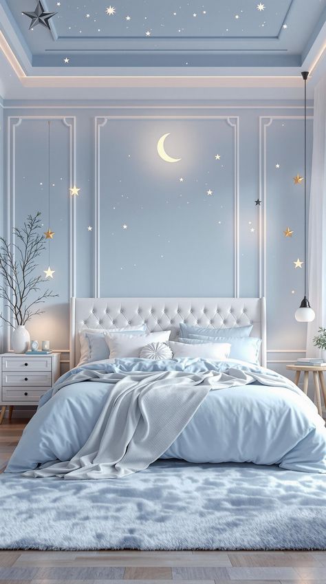 Light Blue Boho Bedroom Room Ideas Aesthetic Light Blue, Celestial Blue Bedroom, Blue Light Bedroom Aesthetic, Light Blue And Gold Bedroom Decor, Classy Cozy Bedroom, Cloud Aesthetic Bedroom, Light Blue Themed Bedroom, Cream And Light Blue Bedroom, Light Blue House Aesthetic