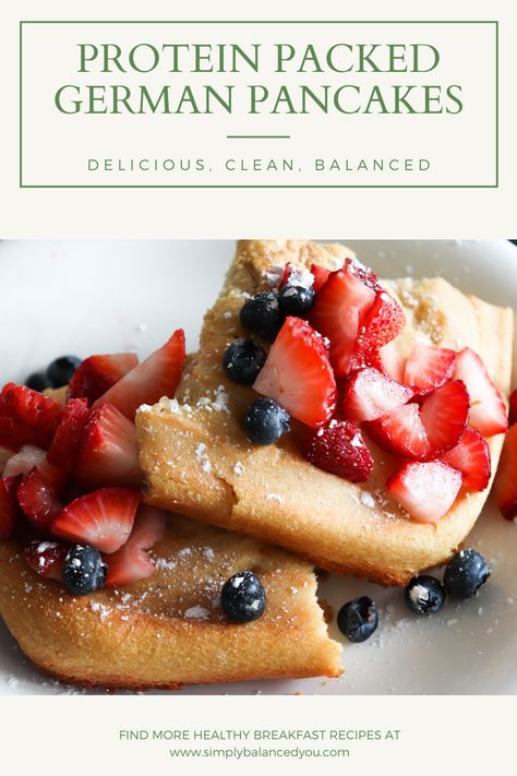 This healthy german pancake recipe is one of my very favorite breakfast recipes. Fluffy german pancakes made with Kodiak Cakes mix, Fairlife milk and egg whites makes for the perfect protein packed breakfast. Delicious when topped with fresh berries and sugar-free syrup. YUM! Healthy German Pancakes, High Protein German Pancake, Protein German Pancakes, Kodiak Cake Pancakes, Kodiak Protein Pancake Mix Recipes, Fairlife Recipes, Kodiak Pancake Mix Recipes, Iifym Breakfast, Kodiak Protein Pancakes