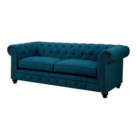 Free 2-day shipping. Buy Furniture of America Villa Traditional Tufted Faux Leather Sofa in Dark Teal at Walmart.com Teal Couch, Tufted Chesterfield Sofa, Teal Sofa, Tufted Loveseat, Faux Leather Sofa, Rolled Arm Sofa, Victorian Houses, Tufted Sofa, Blue Sofa