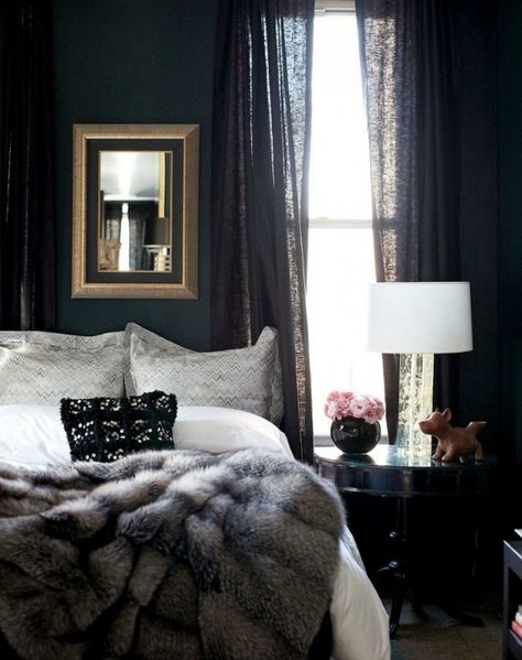 Is Your Bedroom Sexy? 10 Men Weigh In via @domainehome Sophisticated Bedroom, Moody Bedroom, Dark Bedroom, Small Bedrooms, Decor Ikea, Dark Walls, Trendy Bedroom, Gray Bedroom, Fur Throw