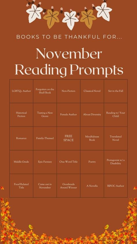 Feel a reading slump coming on? Don't know what to read next? Not feeling the holiday vibes? Download this November Reading Prompt! -Have fun trying out new books -Don't get stuck in a reading slump! You'll have plenty of ways to get a bingo by going through prompts. -Get into the Thanksgiving and Fall vibes by reading books that you can be thankful reading -See progress in your reading by having something to physically and/or electronically marking up when a book is finished This is a digital download. Nothing will be mailed to you. Please note that the print coloring may vary depending on the printer. This file is also usable on electronic platforms, as well.  Purchase includes one downloadable file.  Please reach out with any questions! November Reads, Reading Prompts, Book Bingo, November Reading, What To Read Next, November Books, Reading Slump, Book Reading Journal, Book Prompts