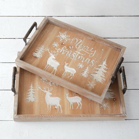 Set of Two Christmas Wooden Serving Trays Christmas Trays, Christmas Serving Tray, Christmas Tray, Painted Trays, Wooden Serving Trays, Christmas Wonderland, Iron Handles, Old Fashioned Christmas, Christmas Scene