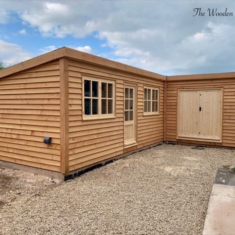 'L' shape garden office with storage L Shape Garden Ideas, L Shape Shed Ideas, L Shaped Extension Ideas, L Shaped Shed Ideas, Work Shed Ideas Workshop, L Shaped Garage, L Shaped Deck, L Shaped Shed, Garden Outbuilding Ideas