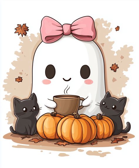 Black Cats Cute, Fall Digital Art, Cute Ghost Art, Cute Halloween Art, Falling Autumn Leaves, Cute Artwork, Halloween Themes Decorations, Cup Cat, Halloween Wallpaper Cute