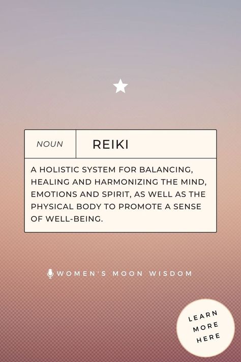 The Definition of Reiki | Women's Moon Wisdom | Reiki is a holistic system for balancing, healing and harmonizing the mind, emotions and spirit, as well as the physical body to promote a sense of well-being. Reiki is “spiritual energy” or “Universal life force energy" - its a form of energy that is guided by a subtle wisdom to heal all aspects of the person - body, mind and spirit. Form Of Energy, It Support, Life Force Energy, Spiritual Energy, Reiki Master, Reiki Energy, Life Force, Spirituality Energy, Reiki