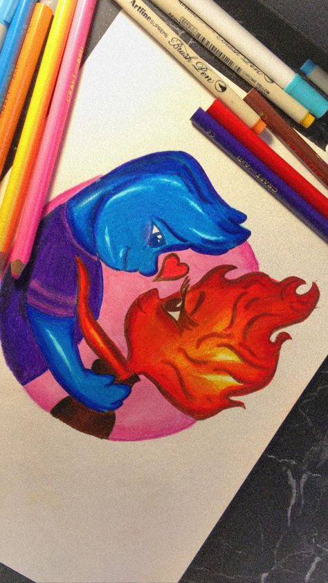 Water And Fire Art, Elemental Drawing Disney, Fire And Water Drawing, Fire And Ice Drawing, Fire X Water, Fire And Water Art, Elemental Drawing, Disney Movie Art, Disney Canvas Art