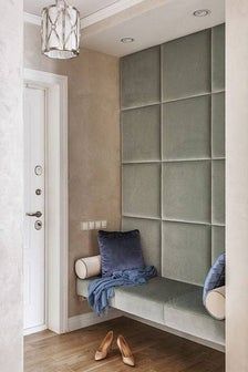 Padded Wall Panels, Wall Cladding Designs, Fabric Wall Panels, Wall Bench, Upholstered Wall Panels, Fabric Wall Decor, Kentish Town, Cladding Design, Tiled Hallway