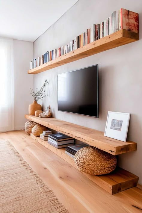 tv_stand_book_shelf_ideas (37) Tv Wall Design With Shelf, Living Room Tv Shelving Ideas, Flat Wall Living Room Ideas, Bookshelf Walls Living Room, Wall Shelf For Tv, Book Shelf Next To Tv, Wall Tv Decor Living Room, Floating Bookshelf Living Room, Under Tv Bookshelf