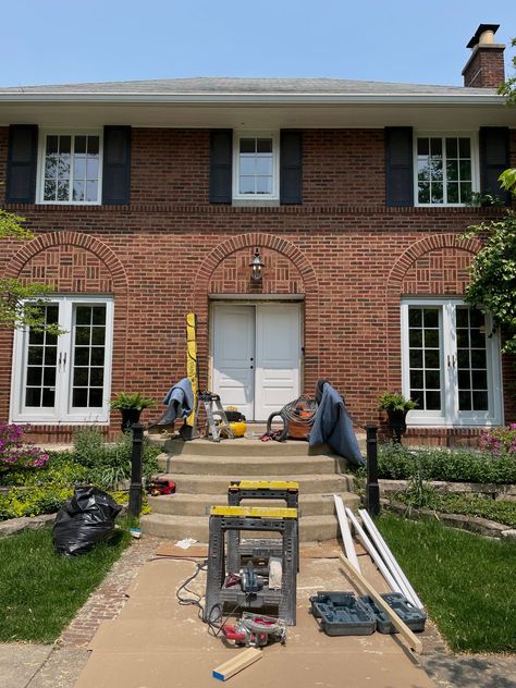 Three Panel Doors, Front Door Transformation, Old Colonial Homes, Single Front Door, Replacing Front Door, Double Door Entryway, Moon Window, Front Walkway, Door Entryway