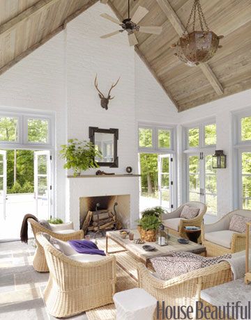 White painted brick- but screen porch instead of sun room.  Like ceiling and blue stone... Markham Roberts, Bright Living Room, Wood Ceiling, Room Additions, Furnishings Design, Wood Ceilings, Family Room Design, A Living Room, Home Fashion