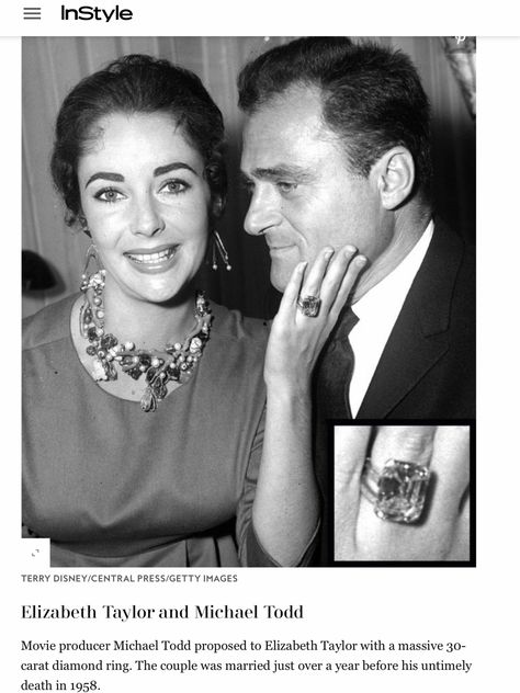 Elizabeth Taylor and Michael Todd Elizabeth Taylor Engagement Ring, Elizabeth Taylor Ring, 1950s Engagement Ring, Elizabeth Taylor Jewelry, Michael Todd, Big Engagement Rings, Classic Hollywood Glamour, Kate Olsen, Liz Taylor