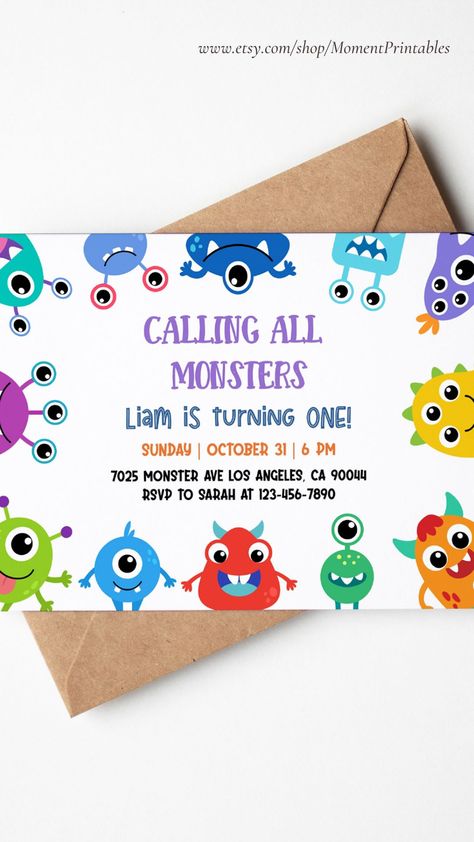 Printable Monster Bash Party Invite | Adorable Monster 1st Birthday Invitation Monster Invitations, Monster 1st Birthdays, 1st Birthday Invite, Monster Theme, Kids Birthday Ideas, 1st Birthday Invitation, Monster Party, 1st Birthday Invitations, Party Details