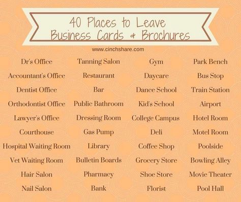 40 Places to Leave Business Cards & Brochures Where To Leave Business Cards, Places To Leave Your Business Card, Places To Leave Business Cards, Doula Business Cards, Beauty Business Cards Ideas, Doula Business, Tanning Salon, Avon Business, Dentist Office