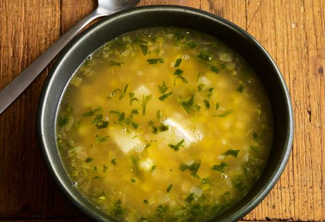 Corn Soup with Queso... So much flavor going on in this humble, simple soup inspired by Oaxaca. Pati Jinich Recipes Soup, Pati's Mexican Table Recipes, Queso Soup, Patti Jinich, Patti Jinich Recipes, Patis Mexican Table, Poblano Soup, Pati Jinich, Latino Food