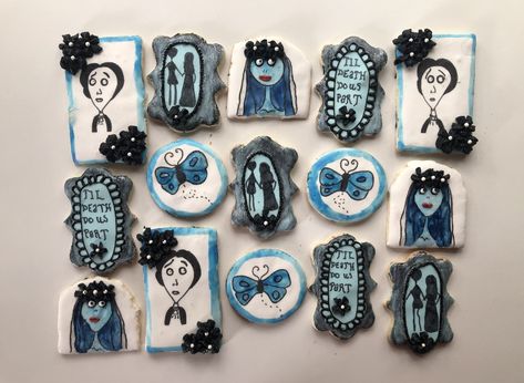 An image of decorated sugar cookies centered around Tim Burton’s “A Corpse Bride” Bride Cookies, Decorative Cookies, Vows Wedding, Halloween 2, Corpse Bride, Cookie Art, Blue Butterfly, Tim Burton, Cookie Decorating