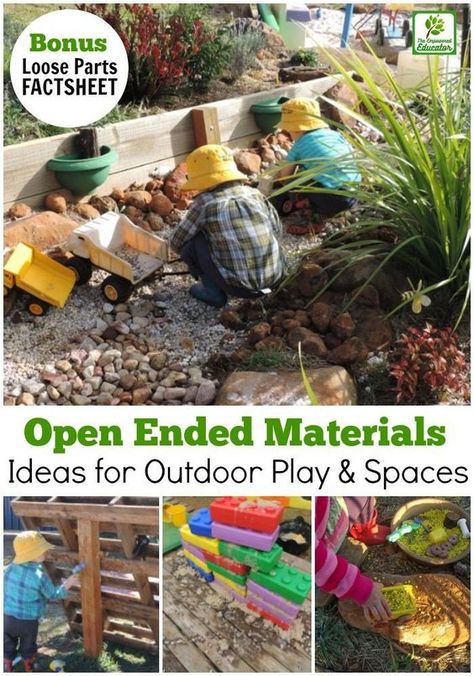 Open Ended Materials Ideas for Outdoor Play Spaces Diy Outdoor Classroom Ideas, Nature Outdoor Play Area, Reggio Outdoor Play Spaces, Reggio Backyard, Outdoor Classroom Ideas Preschool, Outdoor Play Preschool, Montessori Outdoor Environment, Natural Outdoor Play Spaces, Nature Play Backyard